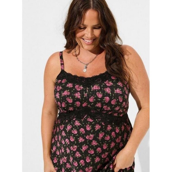 NEW Torrid Tea Length Challis Lace Trim Cami Long Sundress Size 4X Black Floral - Picture 3 of 8